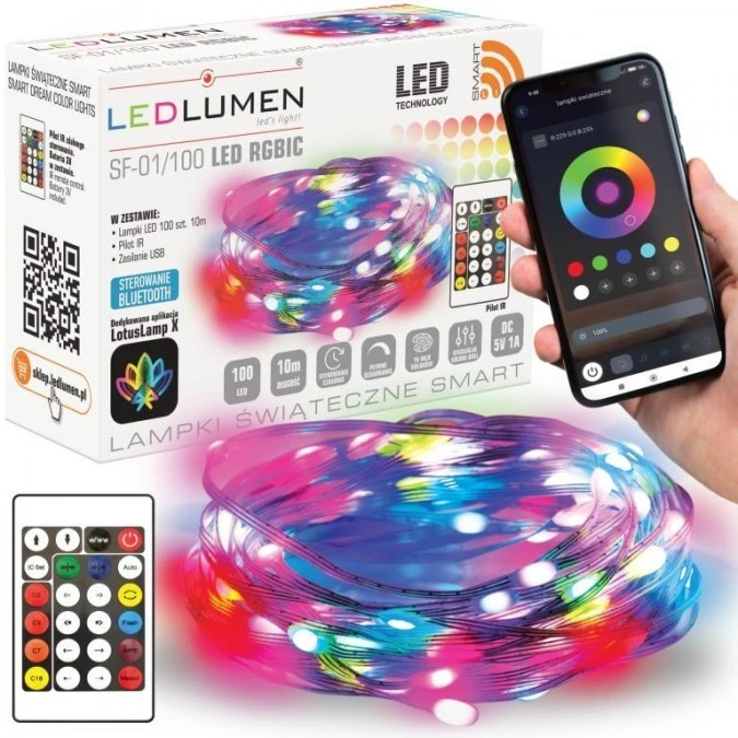 Lampki świąteczne LED girlanda smart SF‑01/100 LED RGBIC 10m USB SMART
