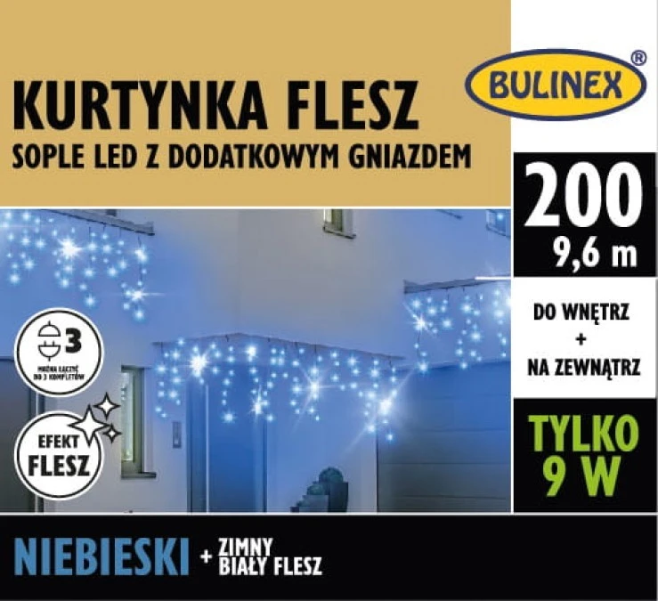 Lampki Bulinex 200led niebieskie 9,60m kurtyna sople flesz - obrazek 1