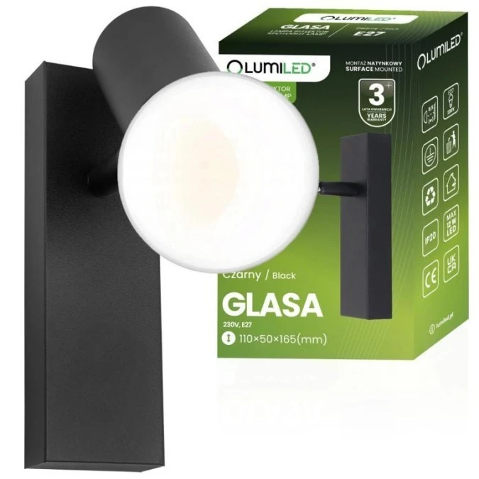 Lampa Ścienna Reflektor LED Kinkiet Spot E27 GLASA Czarna Lumiled - obrazek 2