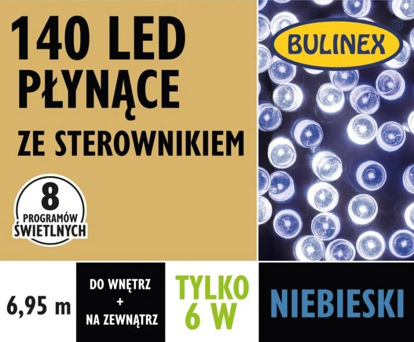 Lampki choinkowe zewnętrzne PŁYNĄCE 140 LED lampki z zasilaczem niebieski 6,95m dł. + 3m, 8 programów 230V/31V 6W IP44 13‑146 - obrazek 1