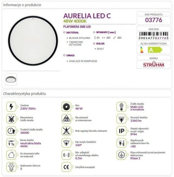 Lampa plafon sufitowy natynkowy okrągły MOCNY AURELIA LED C 48W 4000K 03776 STRUHM - obrazek 3
