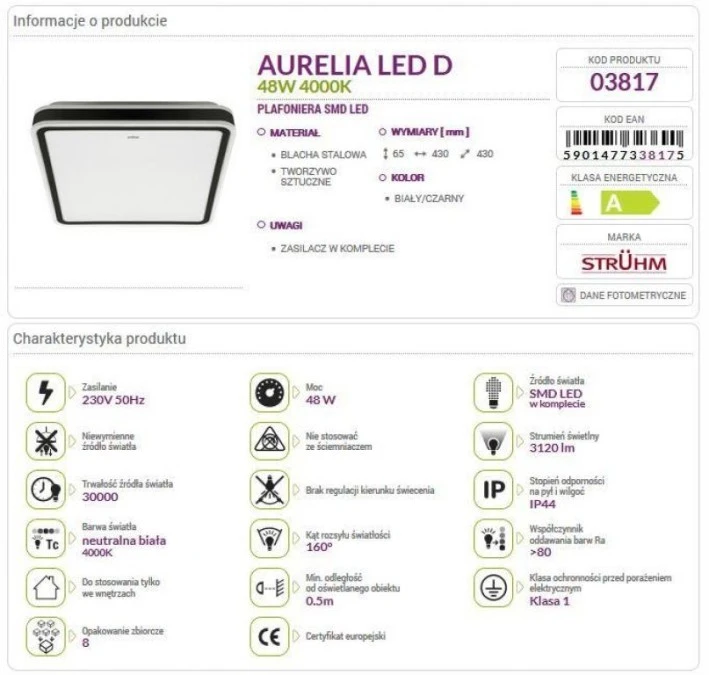 Lampa sufitowa plafon mocna 48W AURELIA LED D 4000K 03817 STRUHM - obrazek 2