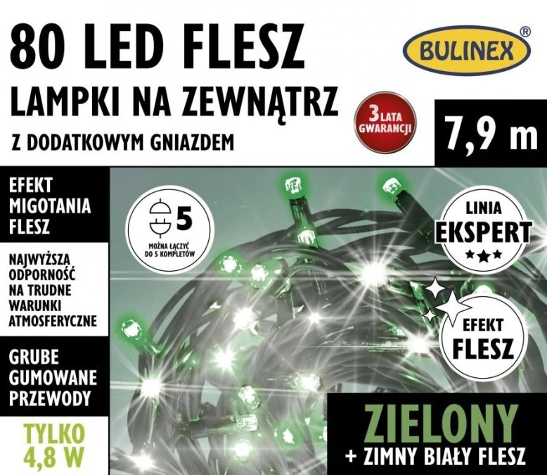 Lampki choinkowe zewnętrzny LED 80l flash czarny przewód na zewnątrz z dodatkowym gniazdkiem 7,9m zielony/biały flesz 75‑427