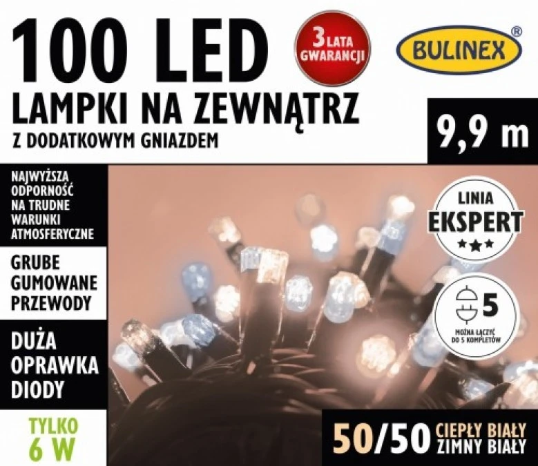 Lampki choinkowe zewnętrzny lampki led 100l 6W czarny przewód z dodatkowym gniazdkiem 9,9m MIX biały 75‑855