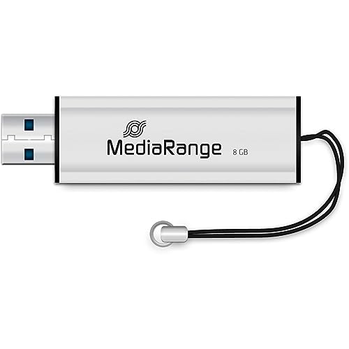 MediaRange pamięć USB 3.0 8 GB mini flash z mechanizmem przesuwnym i brelokiem do kluczy, zewnętrzne rozszerzenie pamięci prędkością odczytu 34 MB/s, kolor srebrny