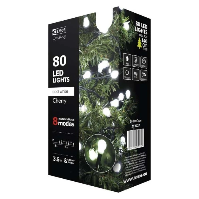 Lampki choinkowe kulki XMAS cherry 3,6W 80LED 8m IP44 /8 programów/ zimna biała D5AC06 - obrazek 2