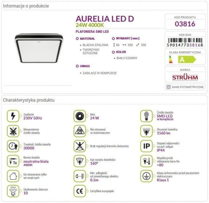 Lampa plafon sufitowy kwadratowy natynkowy AURELIA LED D 24W 4000K 03816 STRUHM - obrazek 2