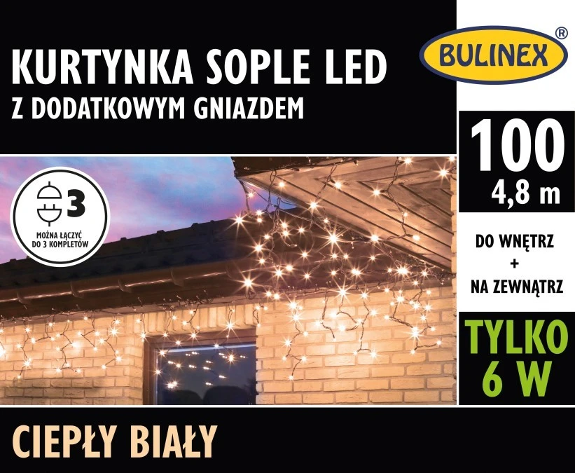 Lampki choinkowe kurtynka sople 100l z gniazd. biały ciepły 4,8m 230V/31V 6W IP44 na zewnątrz i do wnętrz 13‑558 - obrazek 1