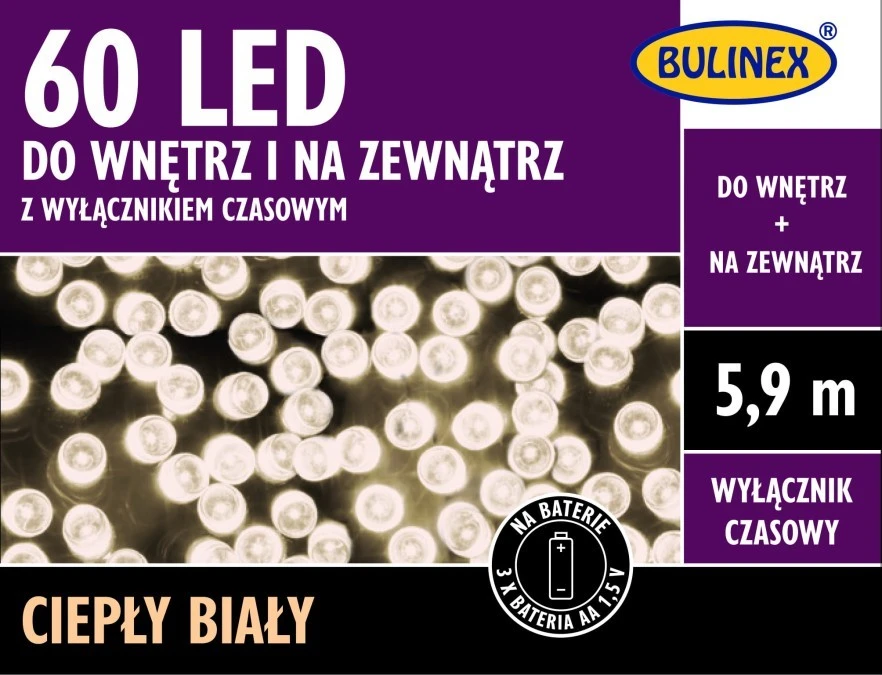 Lampki choinkowe 60 LED lampki na baterie z wyłacznikiem czasowym zewnętrzny biały ciepły 10‑168 - obrazek 1