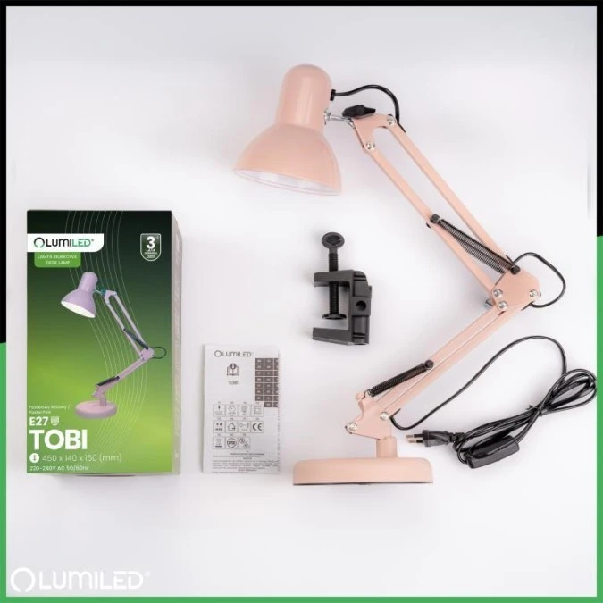 Lampka Biurkowa Kreślarska Stołowa E27 TOBI Pastelowy Różowy Lumiled + uchwyt na blat - obrazek 1
