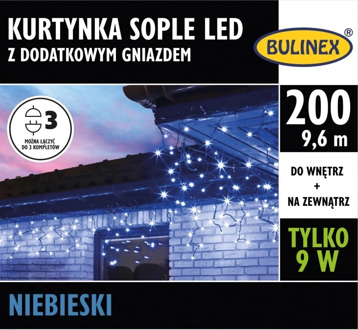 Lampki Bulinex 200led niebieskie 9,60m kurtyna sople - obrazek 1