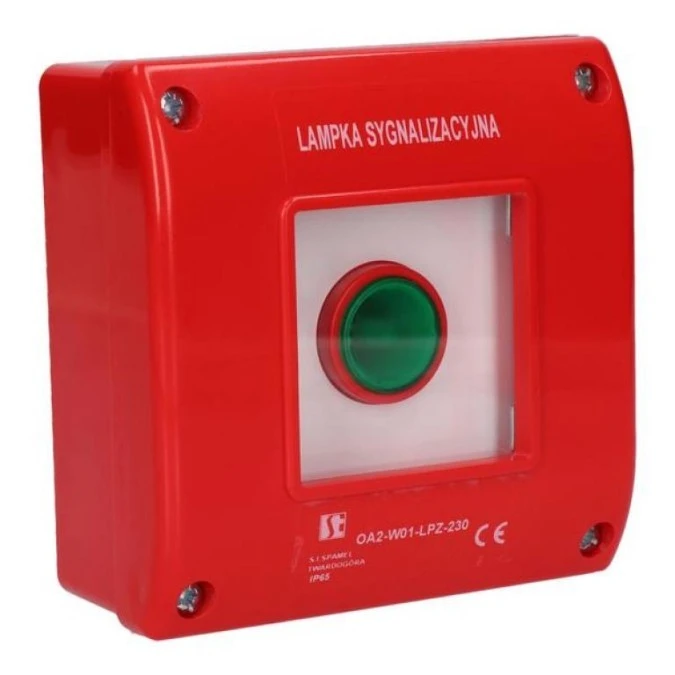 Lampka sygnalizacyjna zielona w czerwonej obudowie OA2‑W01‑LPZ‑230