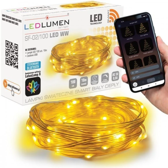Lampki świąteczne LED girlanda smart SF‑02/100 LED WW 10m USB SMART