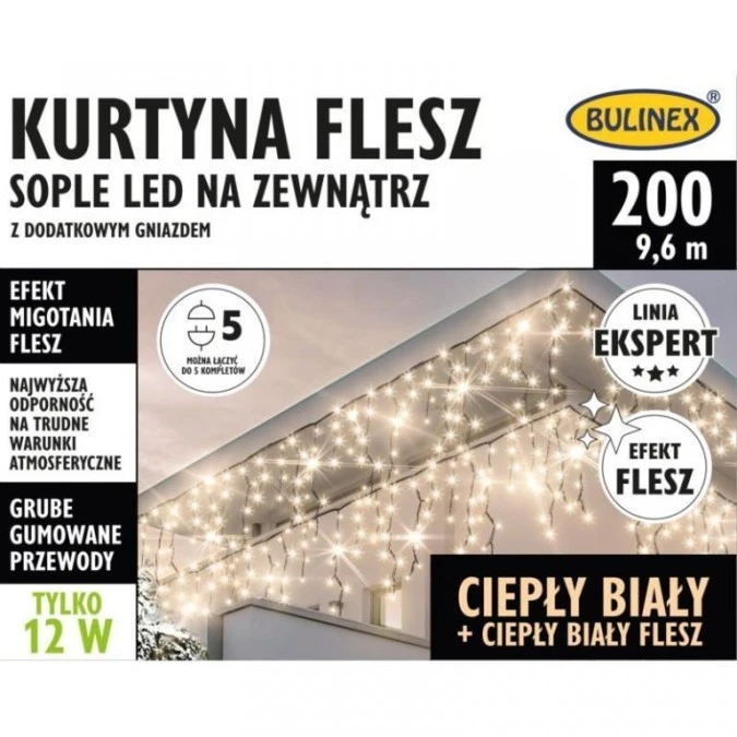 Lampki Bulinex kurtyna sople 200led biały ciepły 9.6m biały ciepły flesz gruby przewód - obrazek 1