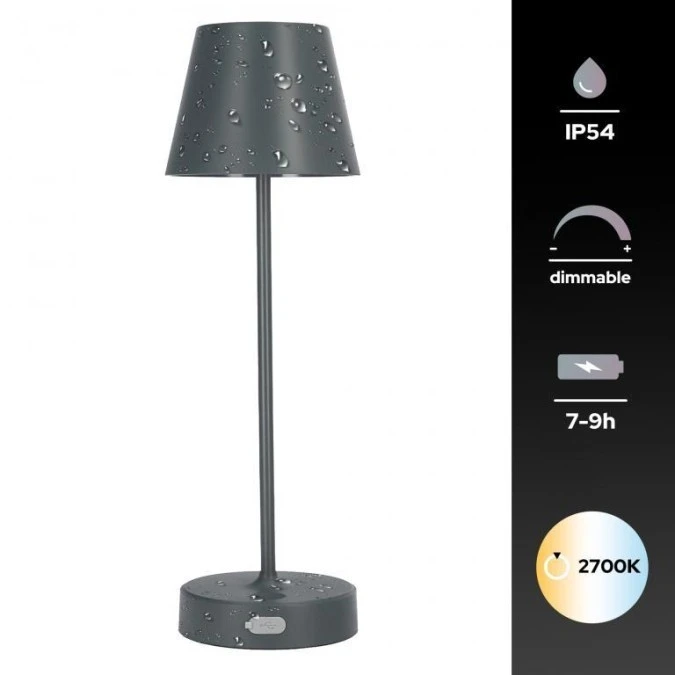 Lampka stołowa NELI 2,7W LED szara, z akumulatorem 2200mAh, IP54, barwa ciepła 200lm, 33cm, EDO777643 EDO - obrazek 2