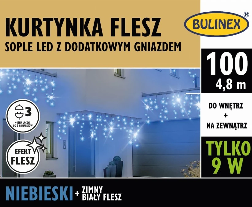 Lampki Bulinex 100led niebieskie 4,80m kurtyna sople flesz - obrazek 1