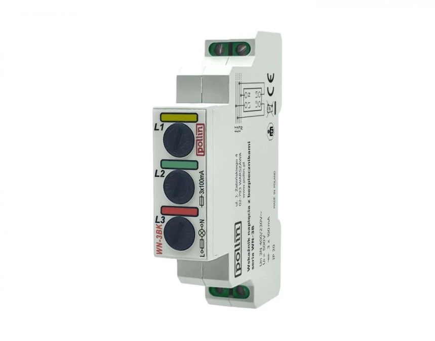 Lampka modułowa 3‑fazowa żółta/czerwona/zielona z bezpicznikiem 5x20mm 100mA 10‑250V AC WN‑3BK - obrazek 2