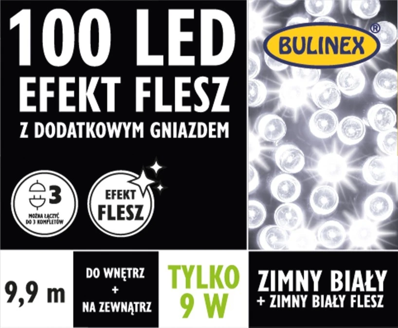 Lampki choinkowe Flesz LED 100l z gniazdkiem wył. czasowy kolor biały 9,9m 230V/31V 9W IP 44 na zewnątrz i do wnętrz 13‑132 - obrazek 1