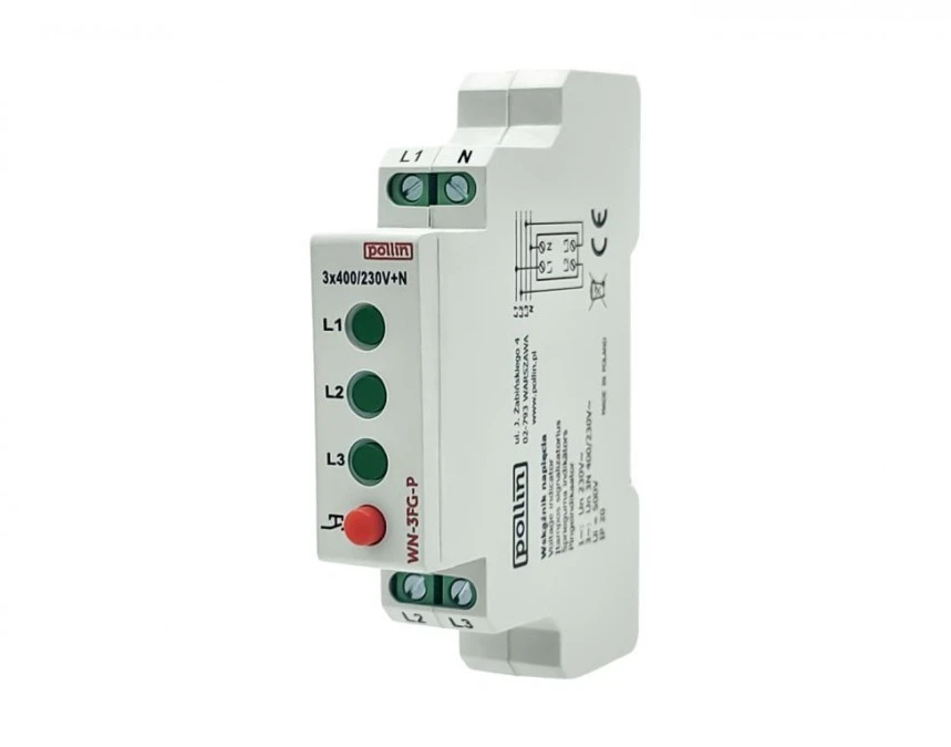 Lampka modułowa 3‑fazowa zielona 10‑250V AC przycisk TEST WN‑3FG‑P - obrazek 2