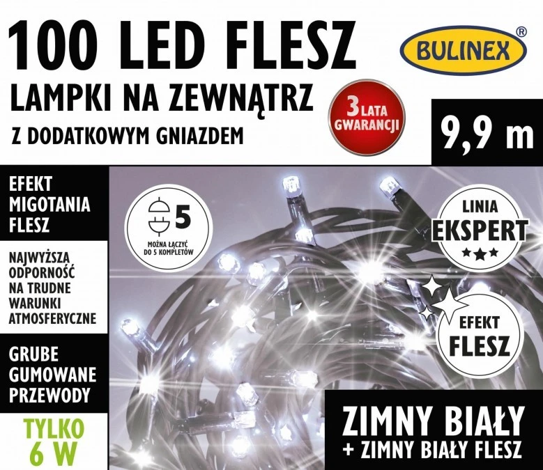 Lampki Bulinex 100led białe zimne 9,90m zewnętzrne flesz z dodatkowym gniazdem sznur - obrazek 2