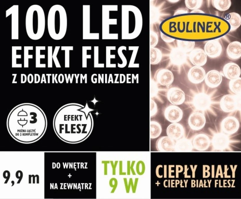 Lampki choinkowe Flesz LED 100l z gniazdkiem ciepły biały flesz 9W 9,9m 230V/31V 9W IP 44 na zewnątrz i do wnętrz 13‑135 - obrazek 1