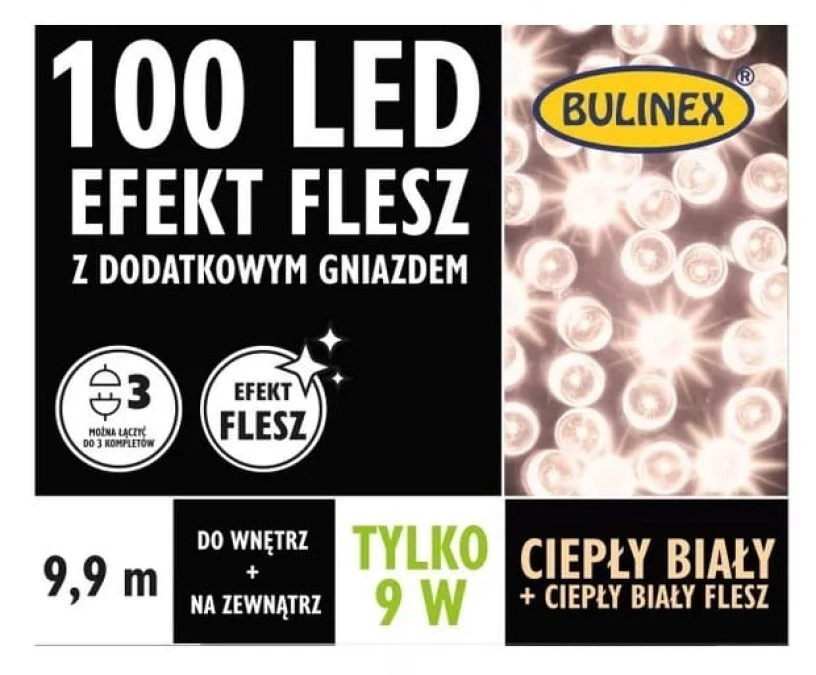 Lampki Bulinex 100led biały ciepły/biały ciepły 9,90m flesz z dodatkowym gniazdem sznur - obrazek 1