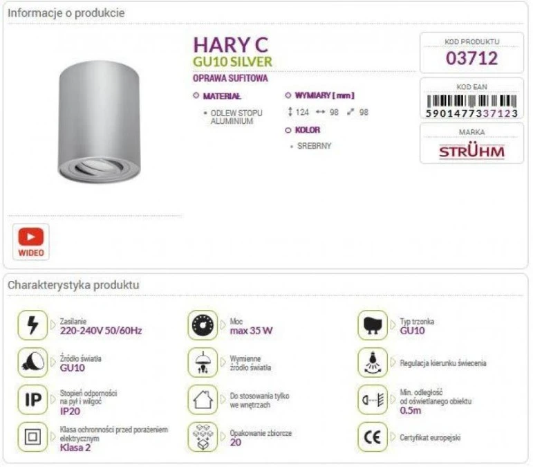Lampa sufitowa plafon natynkowy tuba reflektor HARY C srebrny GU10 03712 STRUHM - obrazek 3