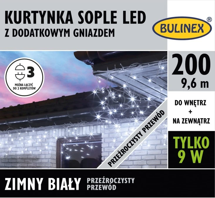 Lampki Bulinex 200led białe zimne 9,60m sople z przewodem przeźroczystym kurtyna - obrazek 1