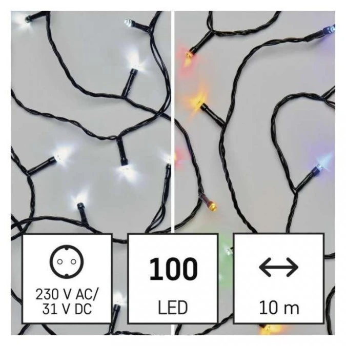 Lampki choinkowe 100LED 10m, 2 w 1 zimna biel lub multikolor, czarny, 8 programów, IP44 D4AJ01 - obrazek 2