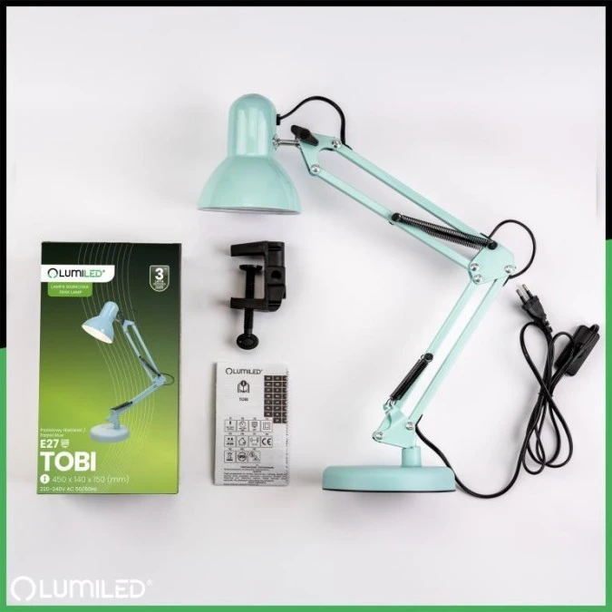 Lampka Biurkowa Kreślarska Stołowa E27 TOBI Pastelowa Niebieska Lumiled + uchwyt na blat - obrazek 1