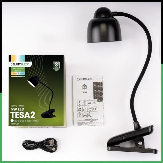 Lampka Biurkowa LED 5W CCT Kreślarska Stołowa Szkolna TESA 2 Czarna LUMILED - obrazek 1