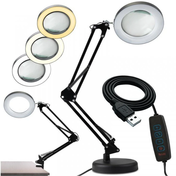 Lampka Biurkowa LED 8W CCT Kreślarska Stołowa 3x Szkło Powiększające Lupa LUCA 2 Czarna LUMILED - obrazek 2