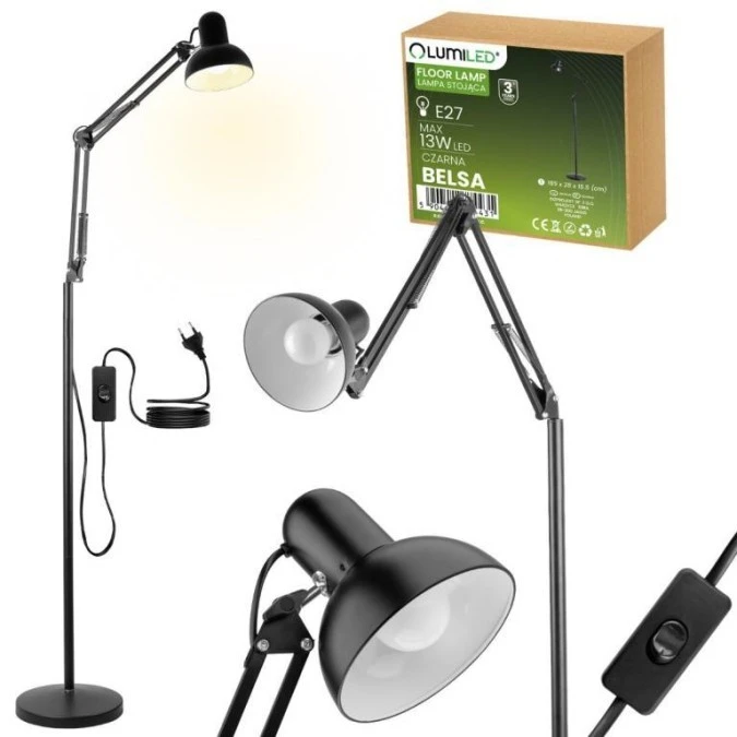 Lampa Stojąca Podłogowa Stołowa LED E27 Czarna z Regulacją Wysokości Belsa Lumiled - obrazek 2