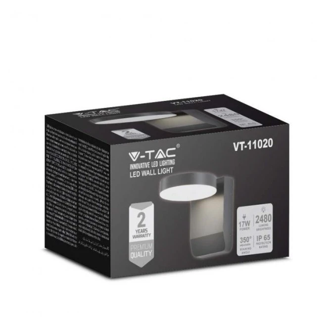 Lampa ścienna okrągła, kinkiet 350st LED 17W 2480lm 3000K czarny barwa WW biała ciepła IP65 V‑TAC VT‑11020‑RD‑B - obrazek 2