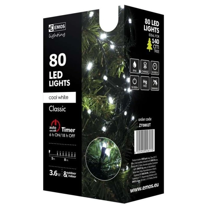 Lampki choinkowe XMAS classic TIMER 3,6W 80LED 8m IP44 zimny biały D4AC02 - obrazek 2