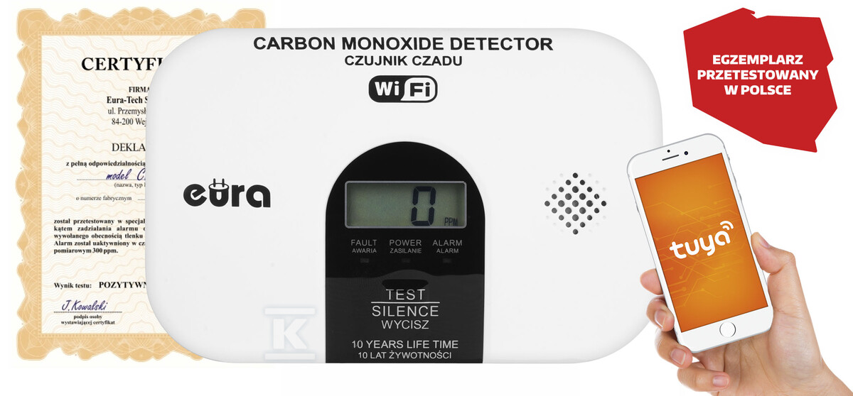 Czujnik czadu WiFi "EURA" CD-53A2v2300-TY/B - certyfikat CNBOP-PiB - wyrób budowlany, DC 3V (2x LR6), LCD, 2 lata gwarancji, test 300 ppm, app Tuya A21A467 - obrazek 2