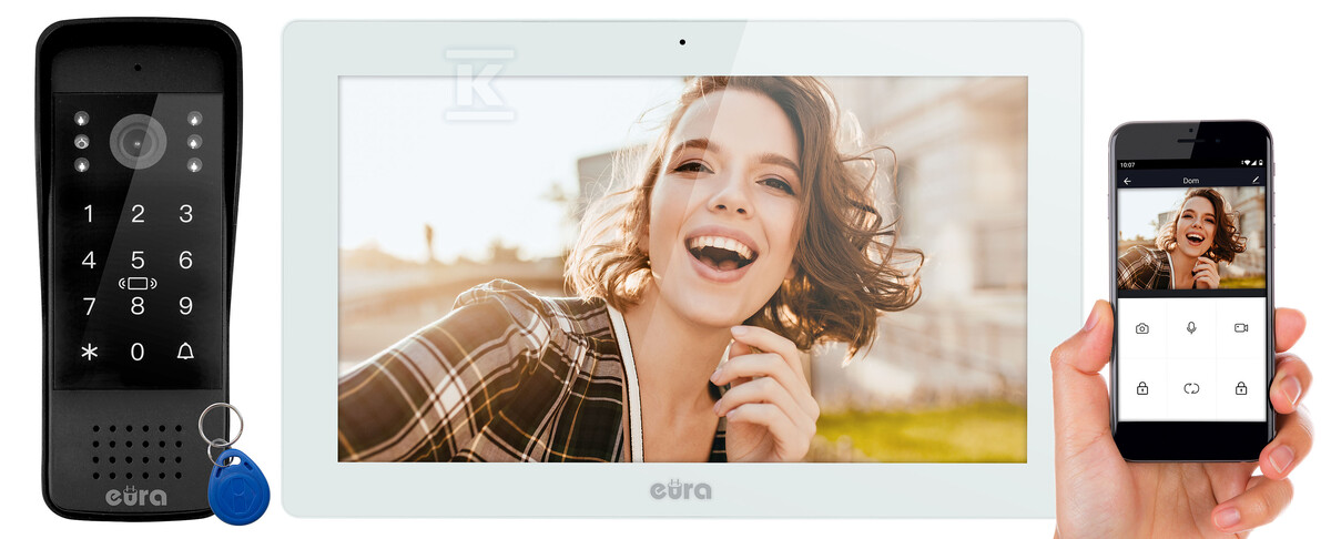 Wideodomofon „EURA” VDP-86A3 – biały, 10″, WiFi, otwieranie 2 wejść, szyfrator, czytnik zbliżeniowy, AHD, Tuya A31A186