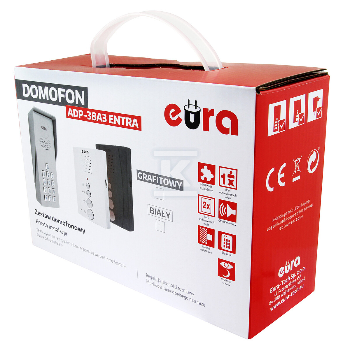 Domofon "EURA" ADP-38A3 "ENTRA" - biały, jednorodzinny, głośnomówiący, kaseta z szyfratorem A31A238 - obrazek 2