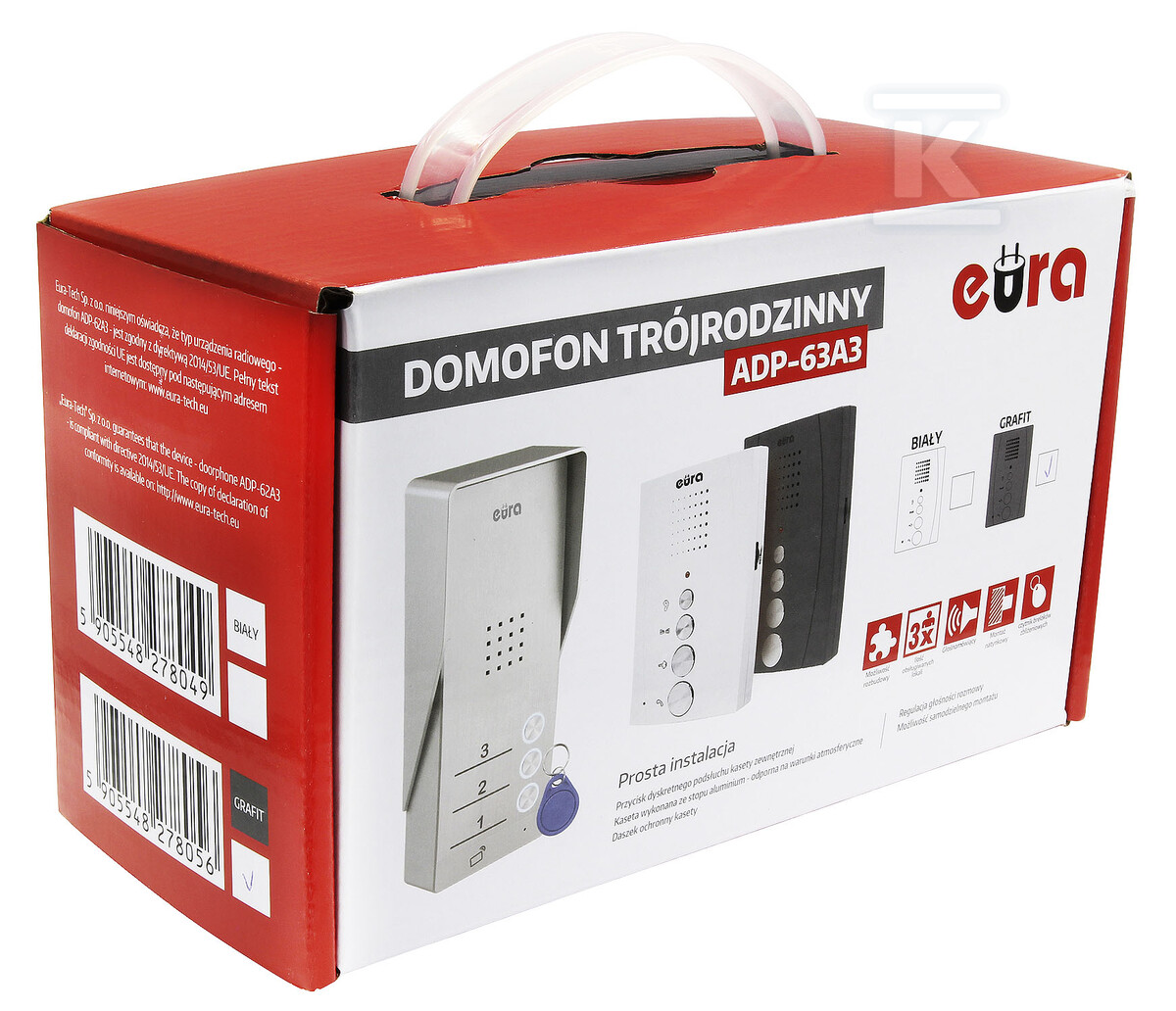 Domofon "EURA" ADP-63A3 - biały, trójrodzinny, głośnomówiący, obsługa 2 wejść, czytnik RFID A31A264 - obrazek 2