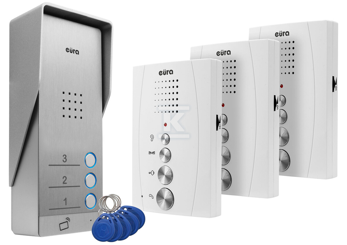 Domofon "EURA" ADP-63A3 - biały, trójrodzinny, głośnomówiący, obsługa 2 wejść, czytnik RFID A31A264 - obrazek 3