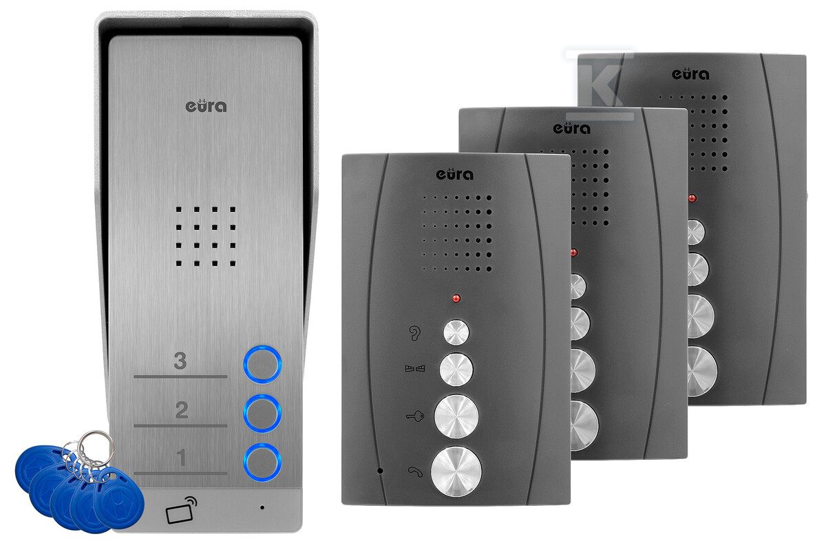 Domofon "EURA" ADP-63A3 - grafitowy, trójrodzinny, głośnomówiący, obsługa 2 wejść, czytnik RFID A31A265 - obrazek 1