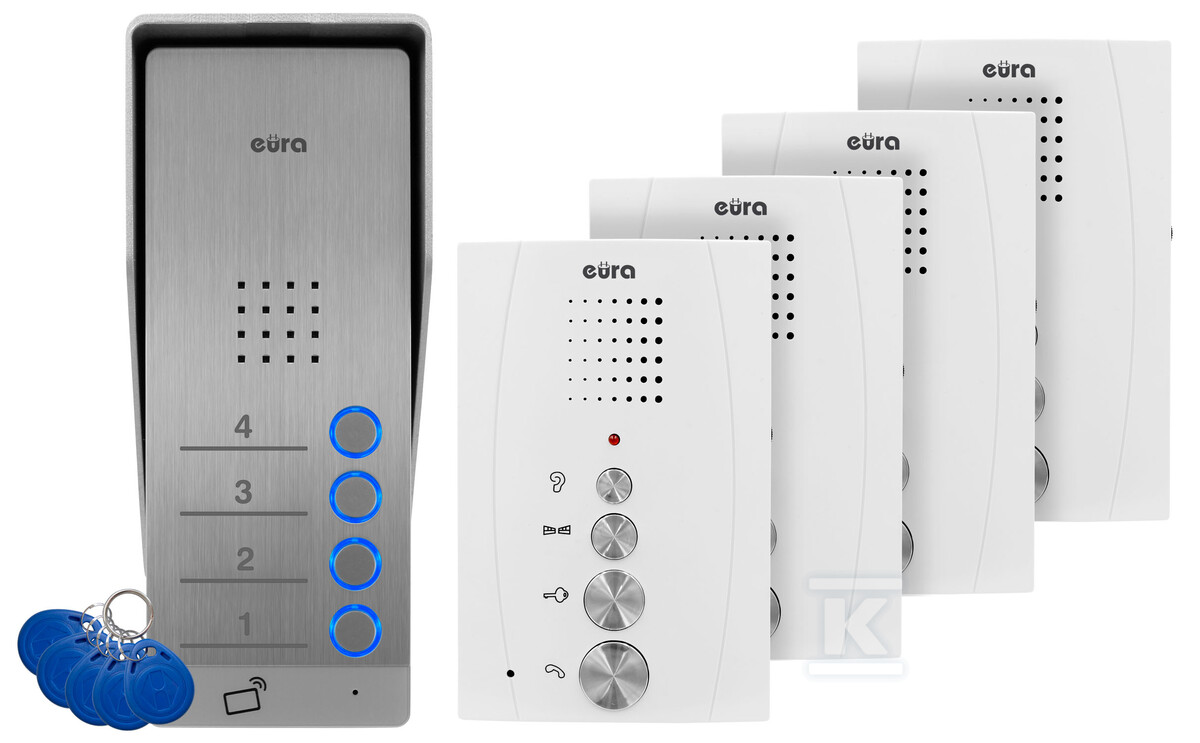 Domofon "EURA" ADP-64A3 - biały, czterorodzinny, głośnomówiący, obsługa 2 wejść, czytnik RFID A31A266 - obrazek 1