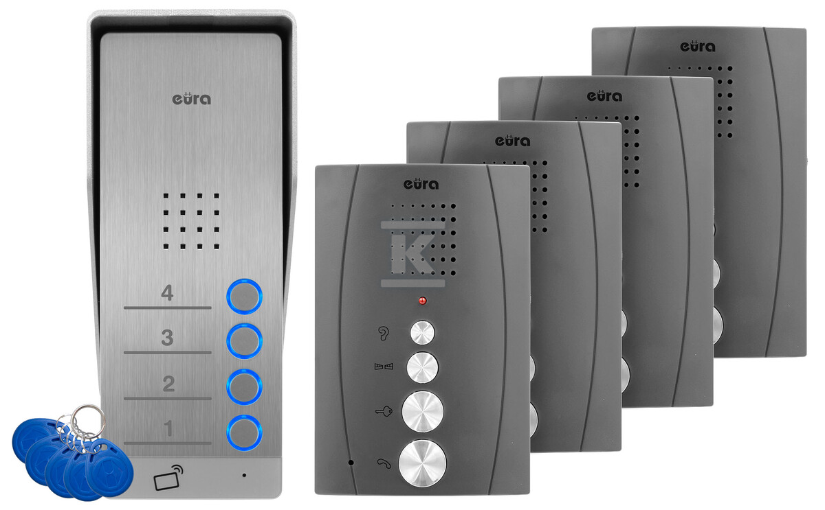 Domofon "EURA" ADP-64A3 - grafitowy, czterorodzinny, głośnomówiący, obsługa 2 wejść, czytnik RFID A31A267 - obrazek 1