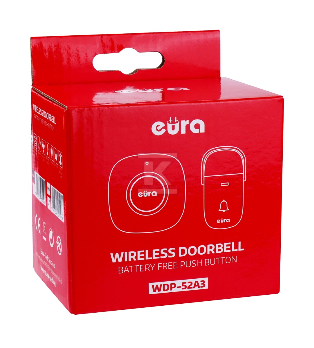 Dzwonek bezprzewodowy "EURA" WDP-52A3 - kinetyczny, biały, możliwość rozbudowy, AC 230V, 38 melodii, zasięg do 200m, IP55, wizytownik A31A353 - obrazek 1