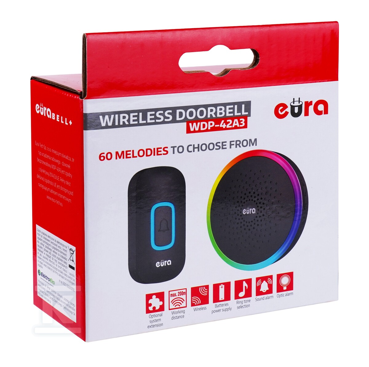 Dzwonek bezprzewodowy "EURA" WDP-42A3 - czarny, możliwość rozbudowy, DC 4,5V (3x AA), 60 melodii, zasięg do 200m, regulacja głośności A31A360 - obrazek 2