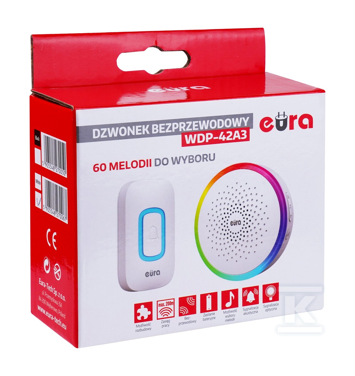 Dzwonek bezprzewodowy "EURA" WDP-42A3 - biały, możliwość rozbudowy, DC 4,5V (3x AA), 60 melodii, zasięg do 200m, regulacja głośności A31A361 - obrazek 2