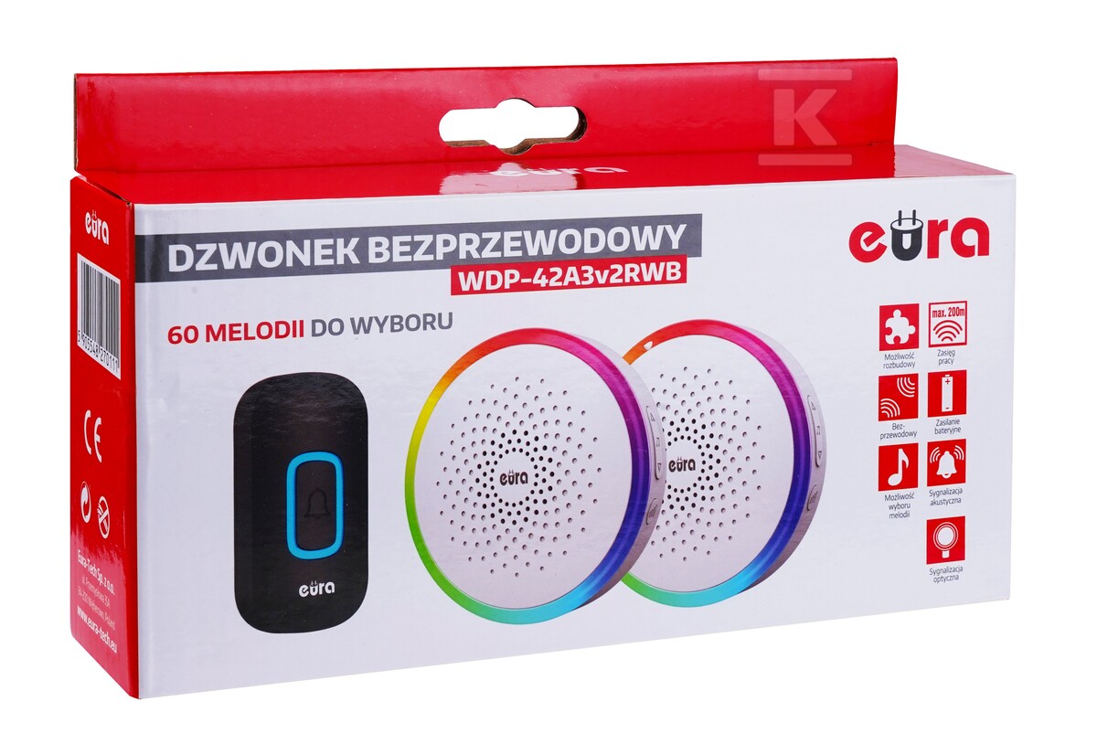 Dzwonek bezprzewodowy "EURA" WDP-42A3v2RWB - biały, 2 odbiorniki, DC 4,5V (3x AA), 60 melodii, zasięg do 200m, regulacja głośności A31A363 - obrazek 2