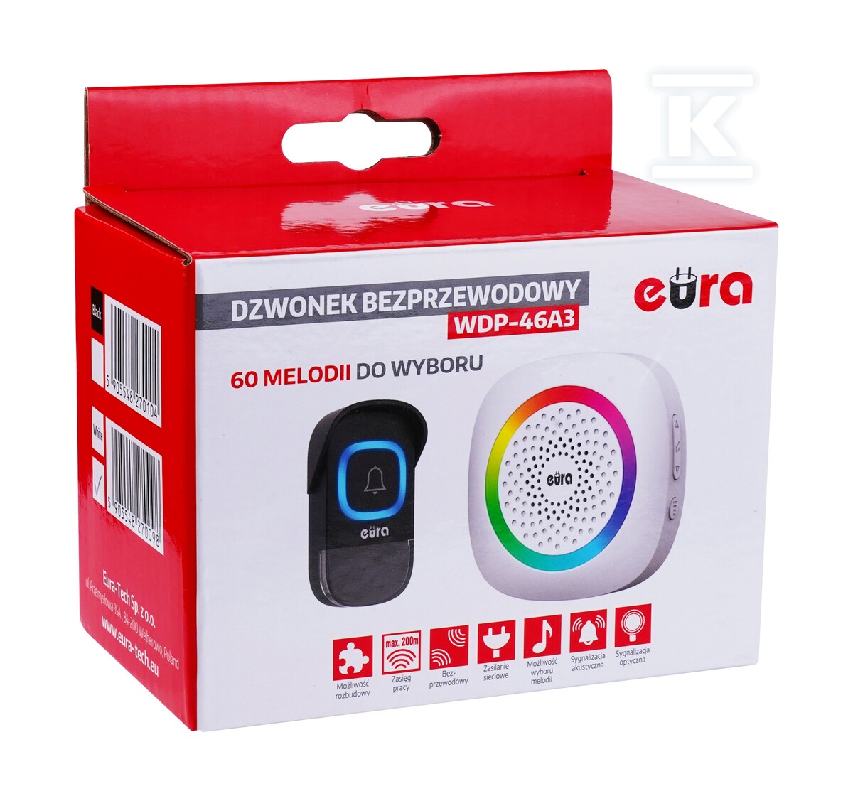 Dzwonek bezprzewodowy "EURA" WDP-46A3 WHITE - biały, możliwość rozbudowy, AC 230V, 60 melodii, zasięg do 200m, regulacja głośności, wizytownik A31A364 - obrazek 2