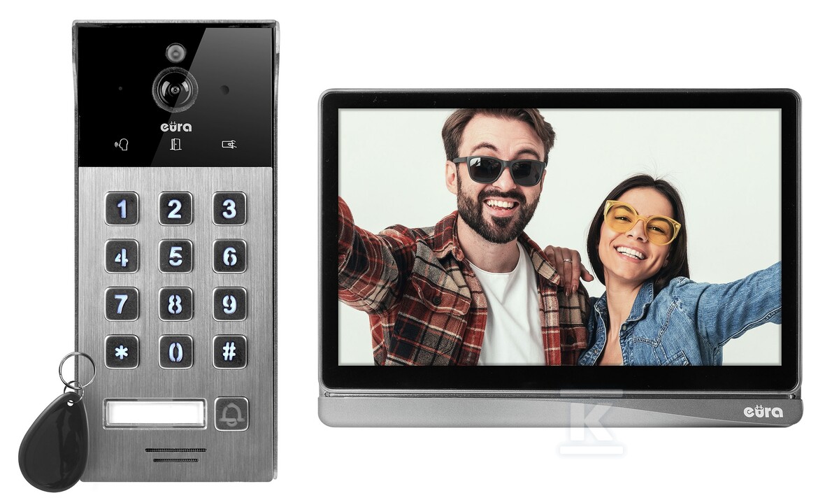 Wideodomofon "EURA" VDP-30C5 DC 15V, grafitowy, LCD 8 cali, WiFi, otwieranie 3 wejść, AHD, Tuya, kaseta ze stali nierdzewnej, natynkowa, czytnik breloków, szyfrator, zasilacz DIN C51A130 - obrazek 2