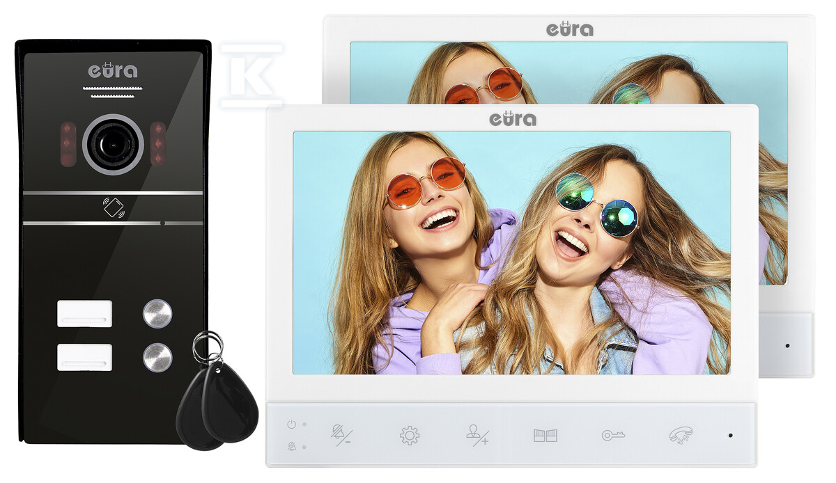 Wideodomofon „EURA” VDP-80C5 – dwurodzinny, biały, 2x LCD 7″, FHD, obsługa 2 wejść, kamera 1080p., czytnik RFID, natynk C51A181